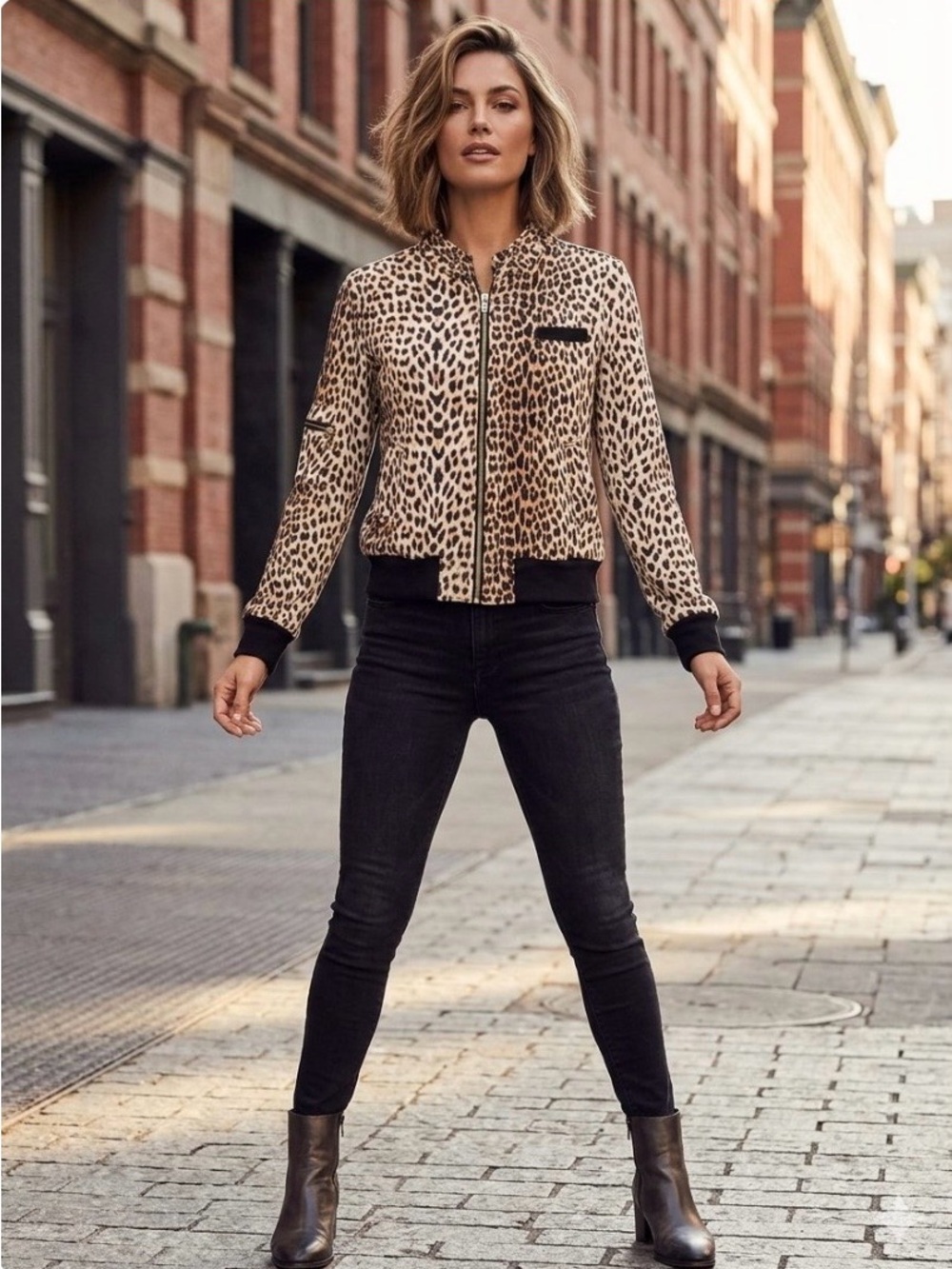 Larry Levine Beige and Black Leopard Bomber Jacket